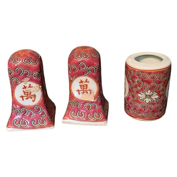 3 pc Vintage Asian Ceramic Salt & Pepper Shakers Toothpick Holder Pink Floral - Picture 7 of 11